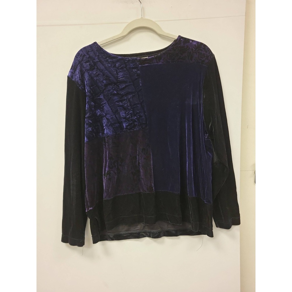 Bechamel Petites PM Top Velvet Patchwork Long Sleeve Blouse Purple‎ Black 90s